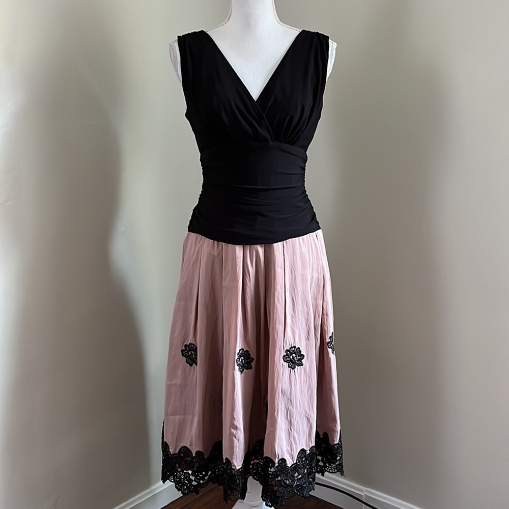 Romantic Black & Dusty Rose Embroidered Lace Trim Dress